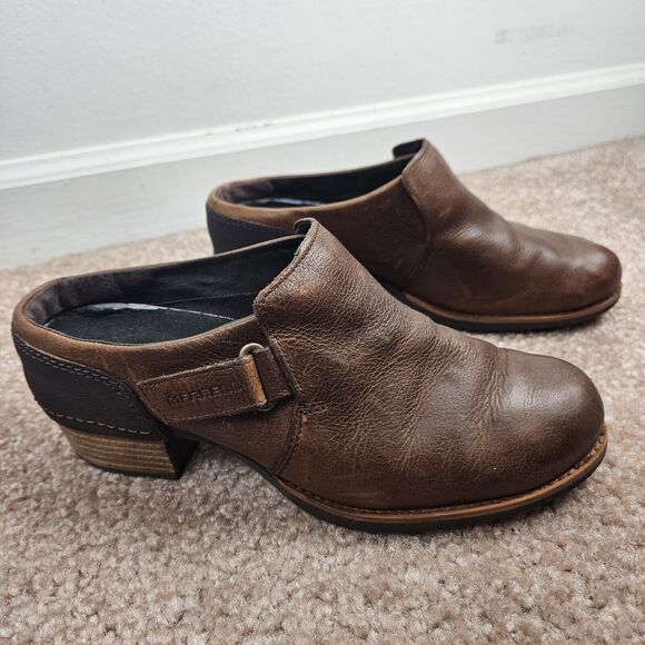 Merrell Oak Brown Leather Womens 7 Mule Clog Shoes Comfort Slip On Block Heel - Picture 3 of 15